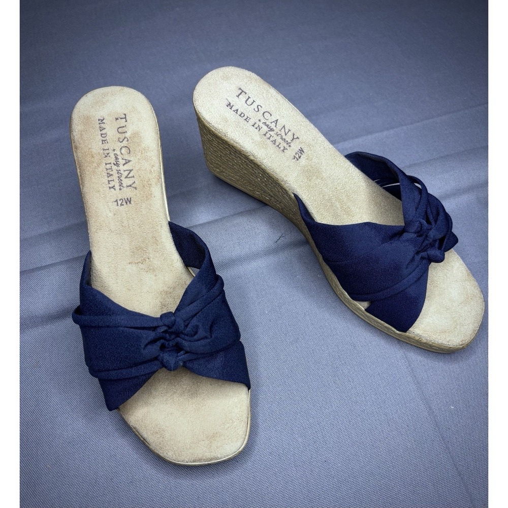 Tuscany by Easy Street Ghita Women's Navy Crepe Wedge Sandals 12 W Wide NIB
